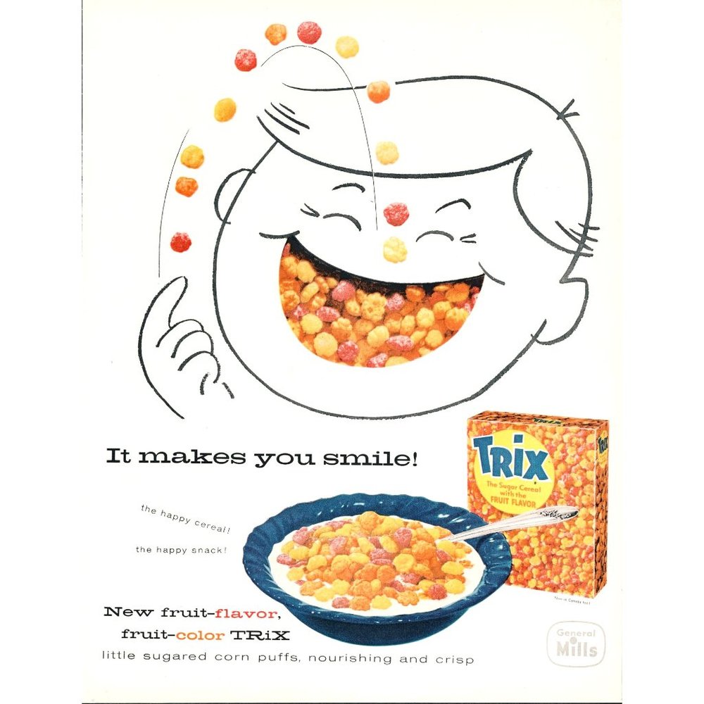 1957 Trix The Sugar Cereal with the Fruit Flavor Vintage Print Ad Cartoon 10x13